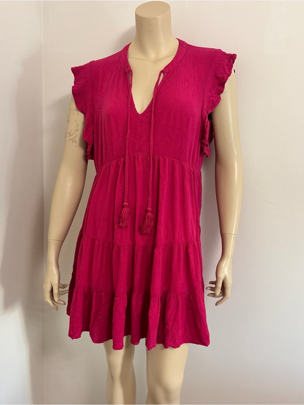 Tiered Tassel V-Neck Mini Dress in Bright Fuchsia